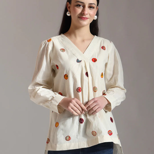 Yufta White Pure Cotton Applique Work Top - Distacart