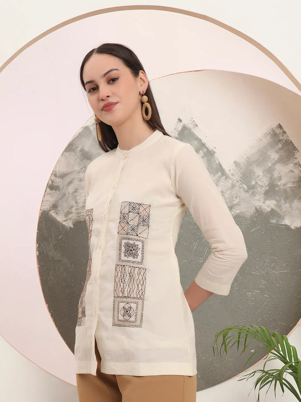 Yufta White Pure Cotton Top With Embroidery