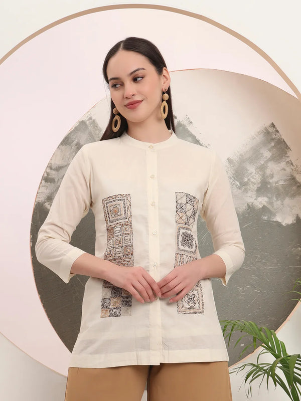 Yufta White Pure Cotton Top With Embroidery
