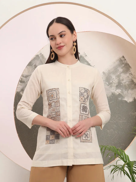 Yufta White Pure Cotton Top With Embroidery