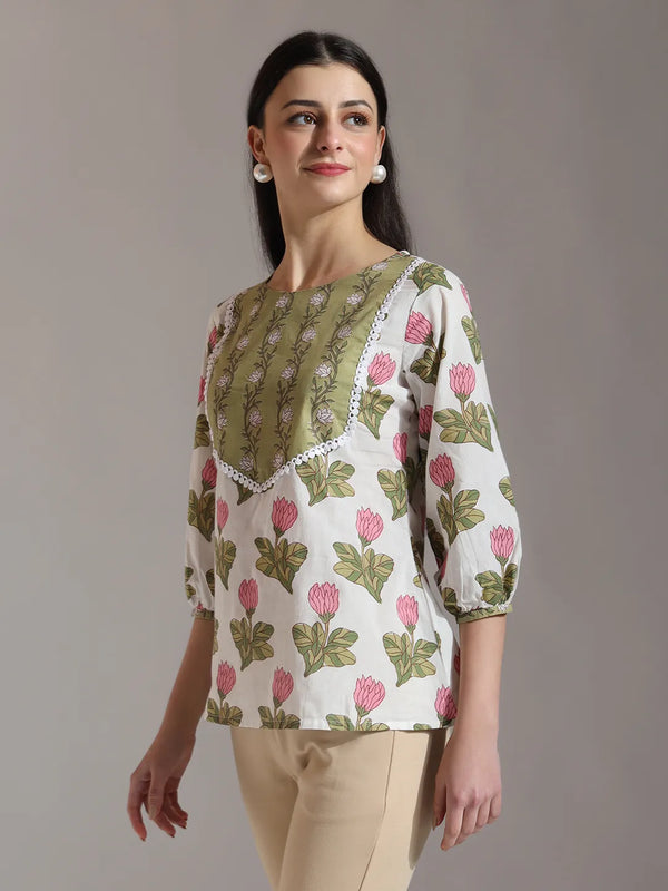 Yufta White Pure Cotton Top With Lace Detailings