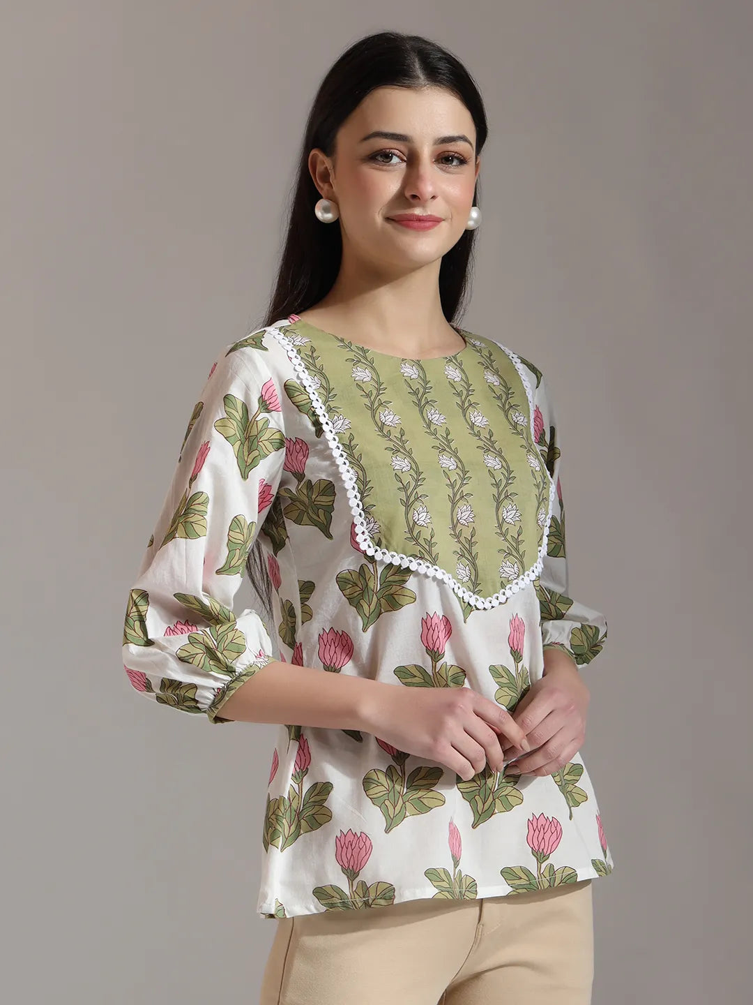 Yufta White Pure Cotton Top With Lace Detailings