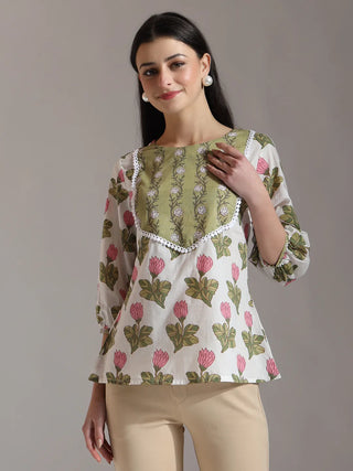Yufta White Pure Cotton Top With Lace Detailings