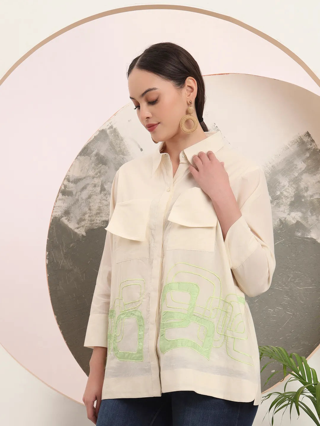 Yufta White Pure Cotton Top With Patch Work