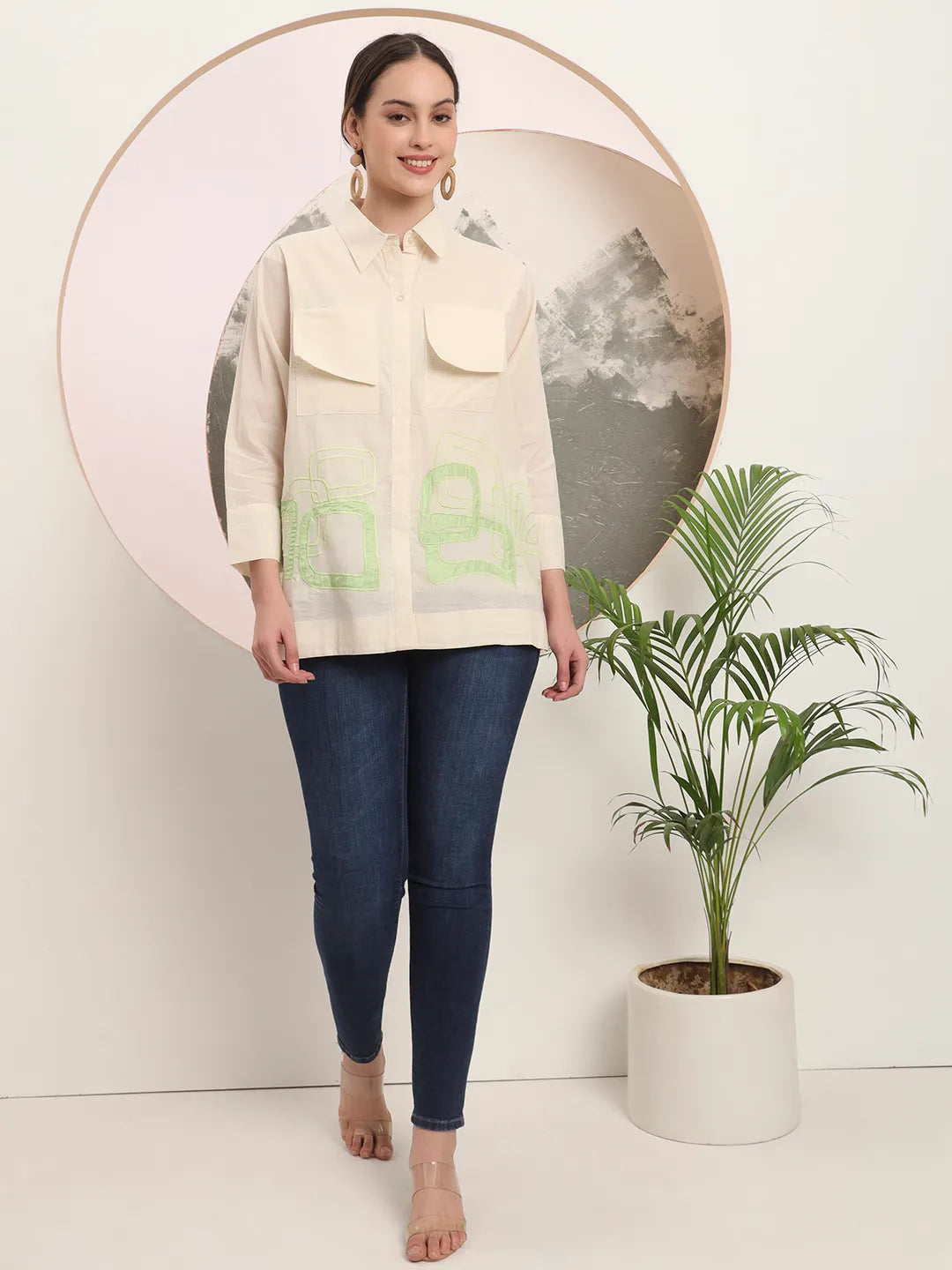 Yufta White Pure Cotton Top With Patch Work