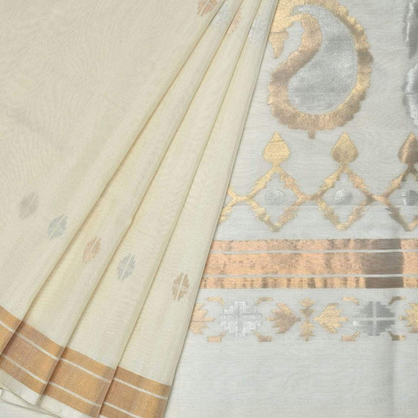 White Uppada Cotton Handloom Saree with Mango Design Pallu - Global Threads - Distacart