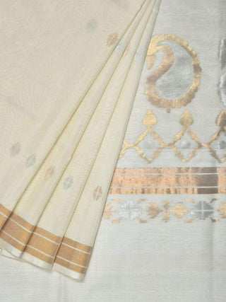 White Uppada Cotton Handloom Saree with Mango Design Pallu - Global Threads - Distacart