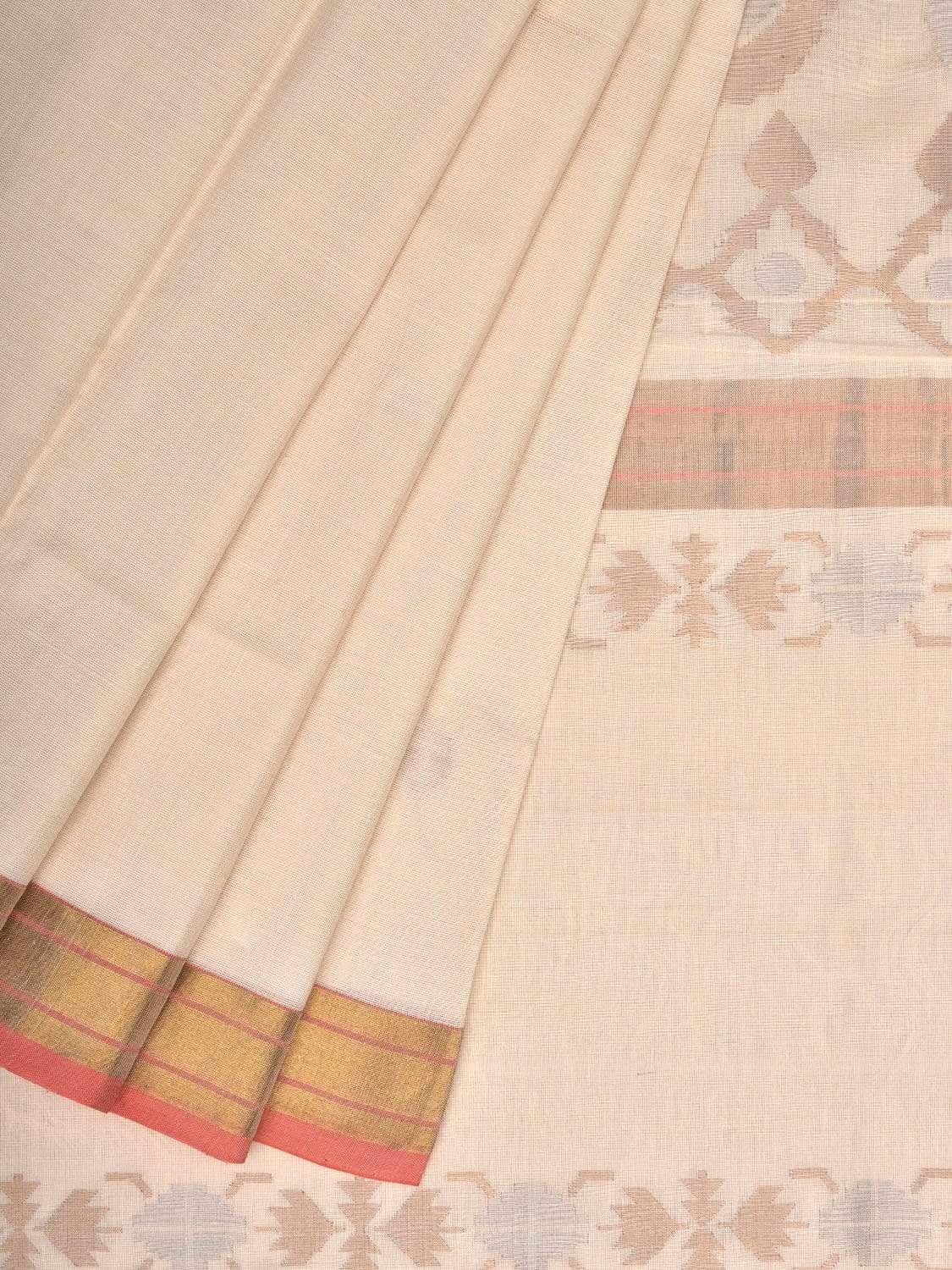 White Uppada Cotton Handloom Saree with Mango Design Pallu - Global Threads - Distacart