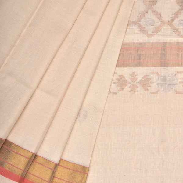 White Uppada Cotton Handloom Saree with Mango Design Pallu - Global Threads - Distacart