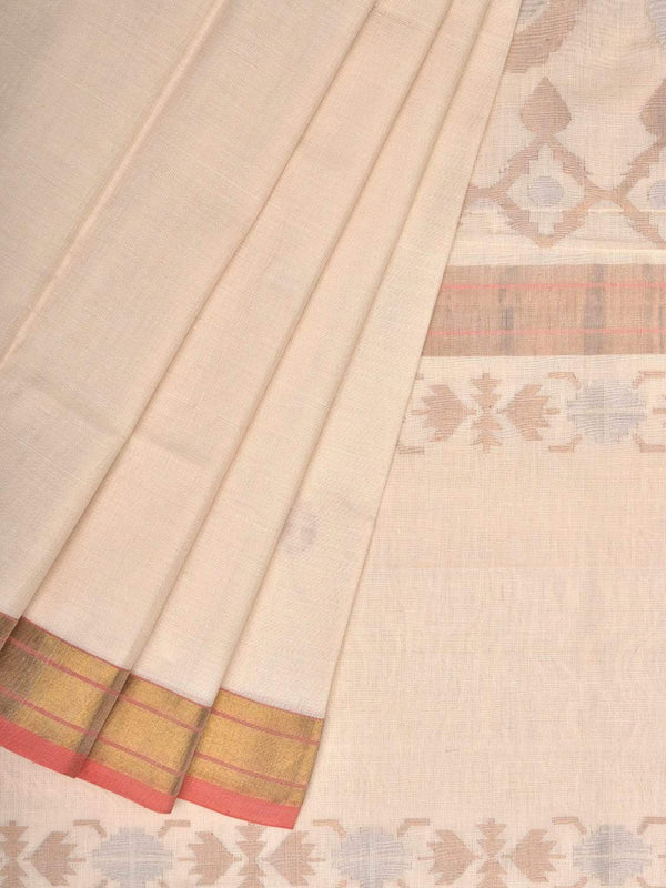 White Uppada Cotton Handloom Saree with Mango Design Pallu - Global Threads - Distacart
