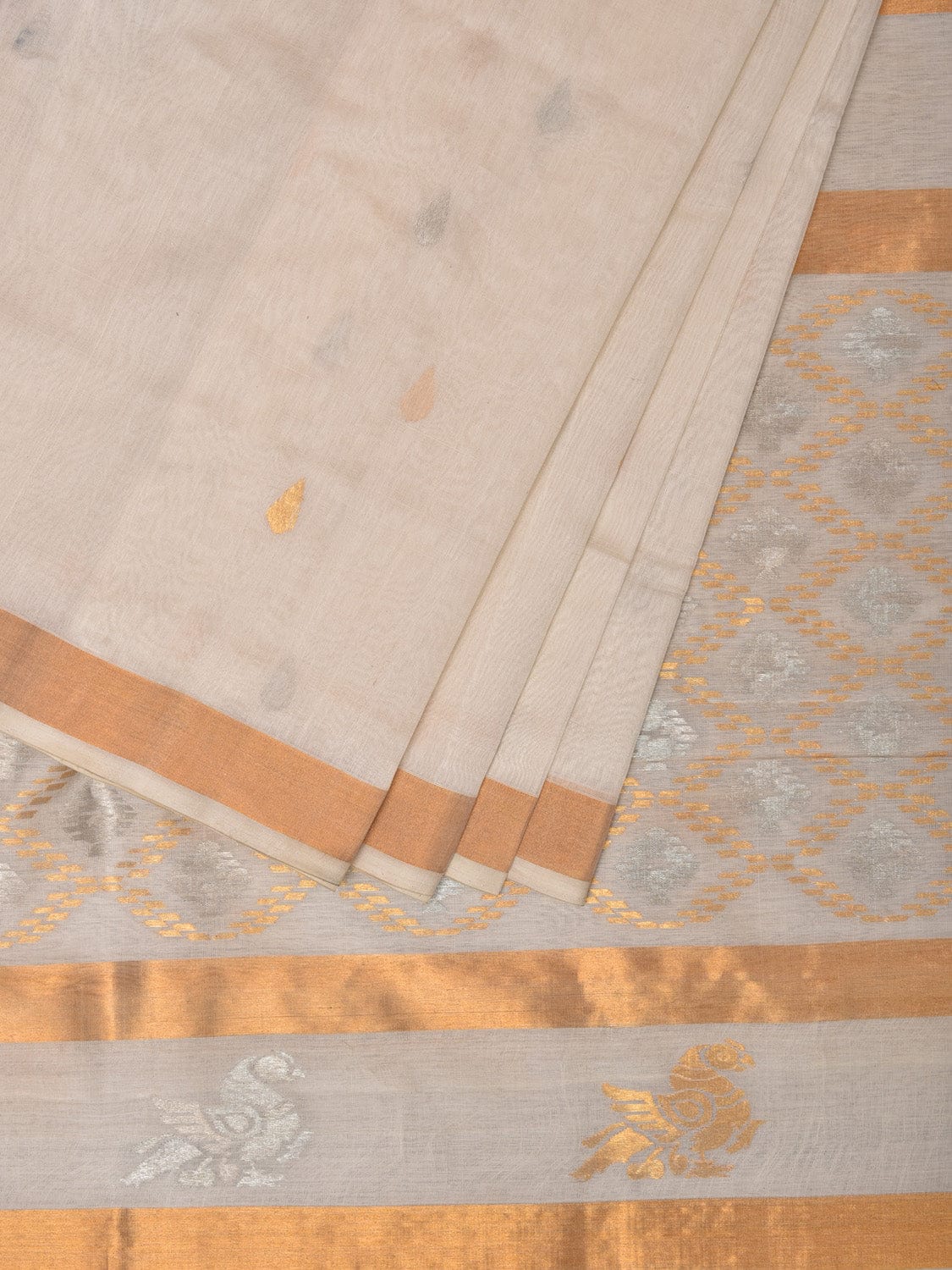 White Uppada Cotton Silk Handloom Saree with Hamsa Pallu Design - Global Threads - Distacart