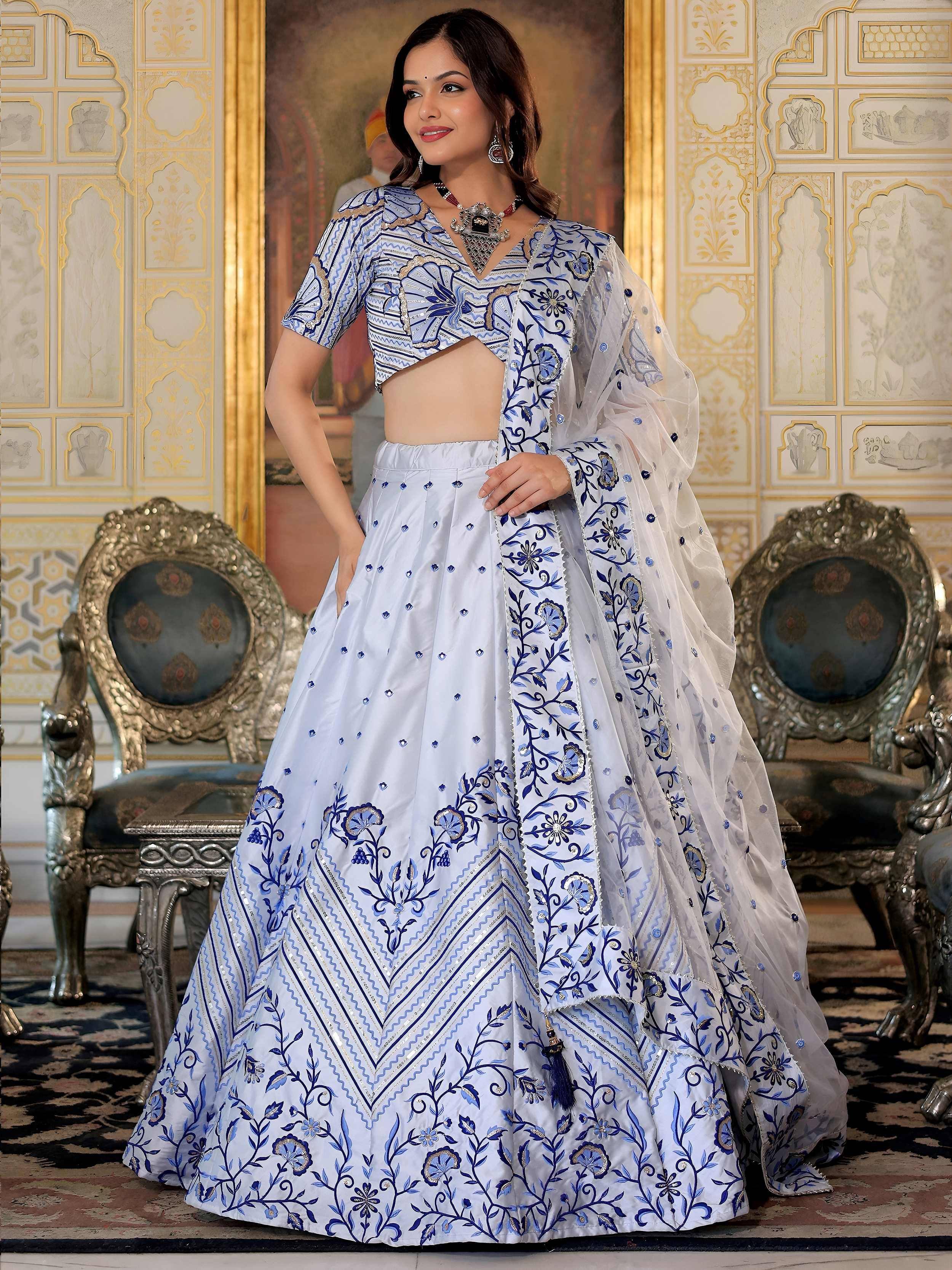 Tulsi Art Graceful White Satin Thread Embroidered Party Wear Lehenga Choli - Dista