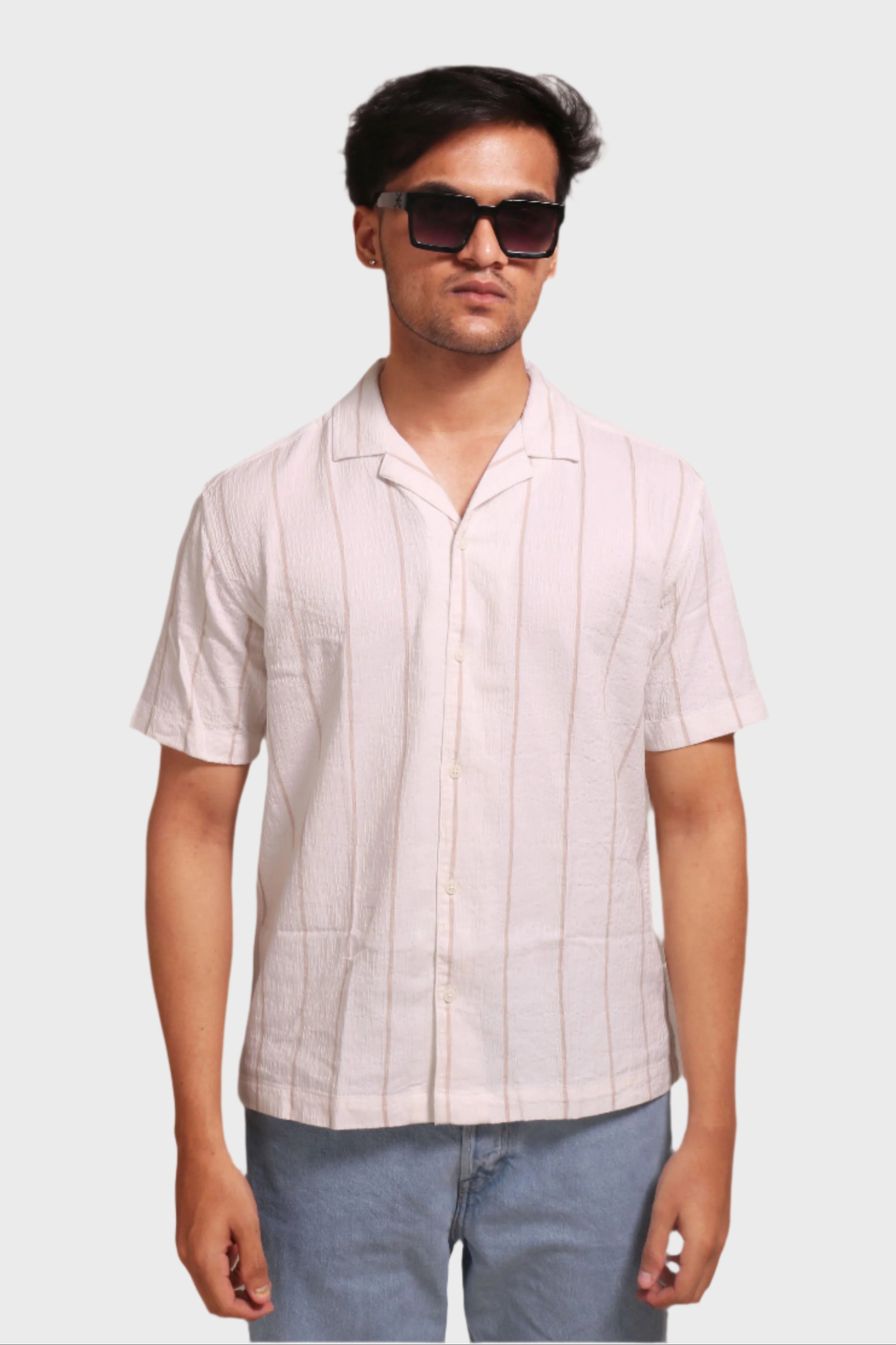Jonesburg Men's White Beige Stripes Textured Relaxed Fit Shirt - Distacart
