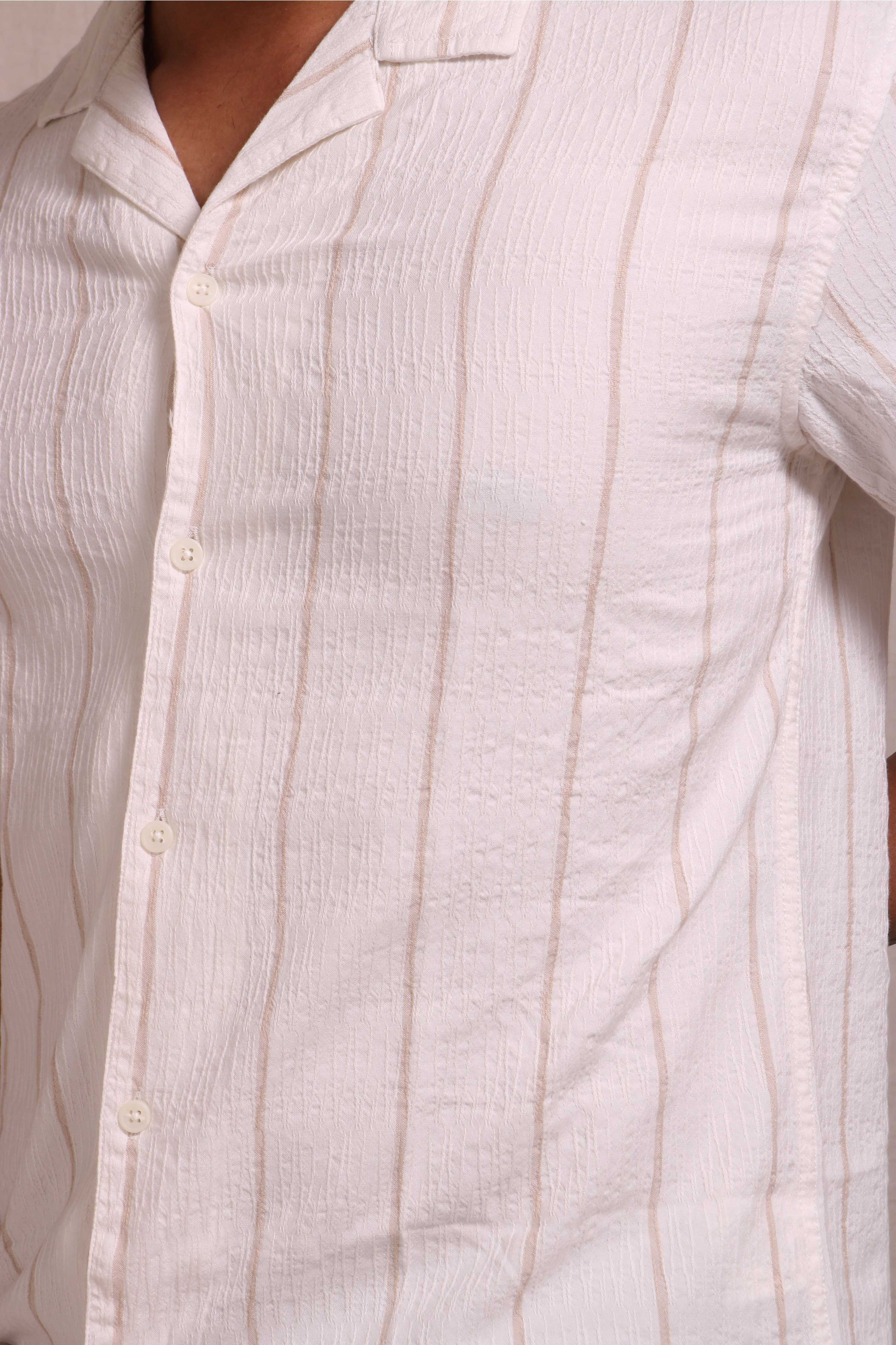Jonesburg Men's White Beige Stripes Textured Relaxed Fit Shirt