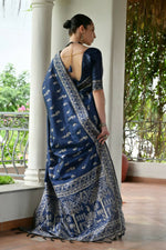 Thumbnail for Vishnu Weaves Women's Blue Handloom Raw Silk Thread Weaving Saree with Blouse