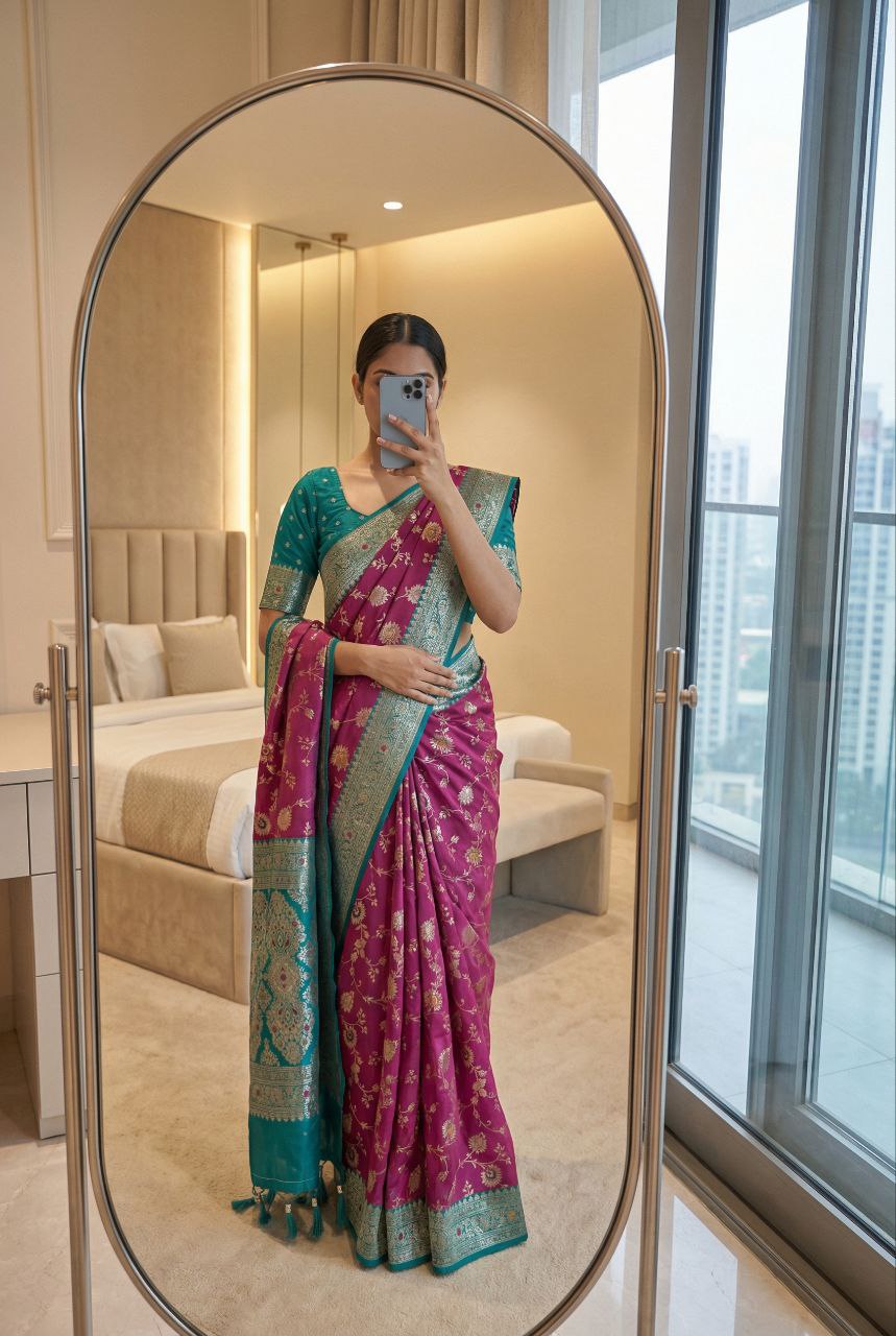 Mameraa Sarees Wine Soft Silk Blend Saree With Zari Weaving Meenakari Design-Wine - Dista