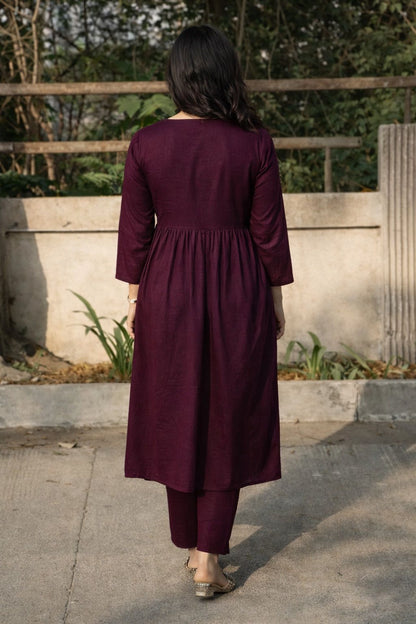 EGF Dusty Wine Rayon Solid A-Line Kurta With Palazzo - Dista