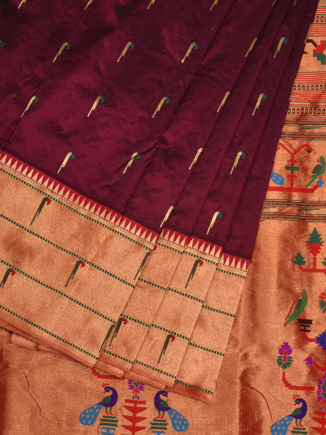 Wine Paithani Silk Handloom Saree with Pallu and Triple Muniya Border Design - Global Threads - Distacart