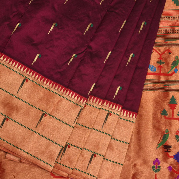 Wine Paithani Silk Handloom Saree with Pallu and Triple Muniya Border Design - Global Threads - Distacart