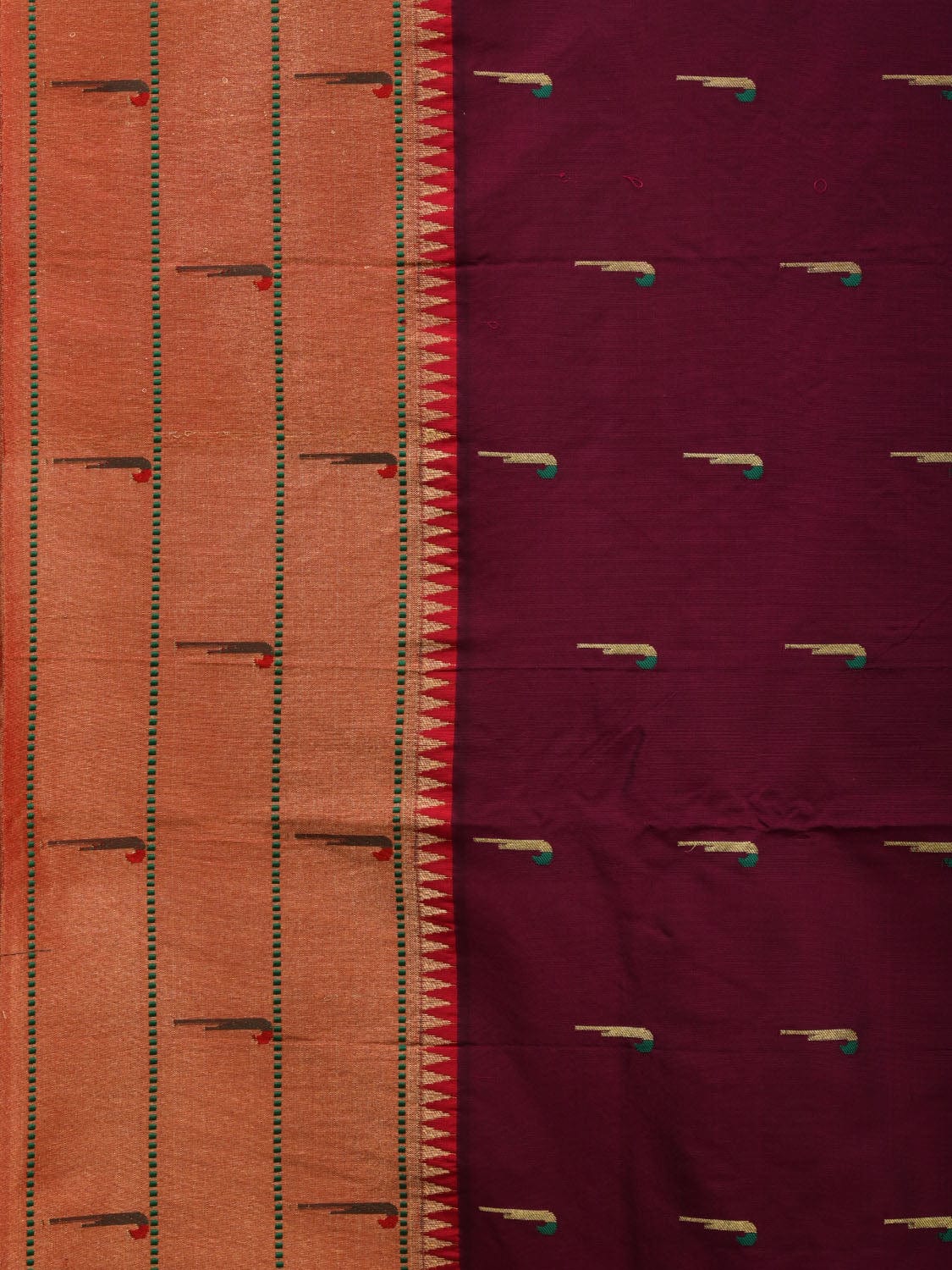 Wine Paithani Silk Handloom Saree with Pallu and Triple Muniya Border Design - Global Threads - Distacart