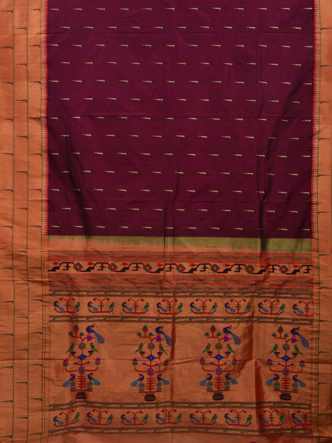 Wine Paithani Silk Handloom Saree with Pallu and Triple Muniya Border Design - Global Threads - Distacart
