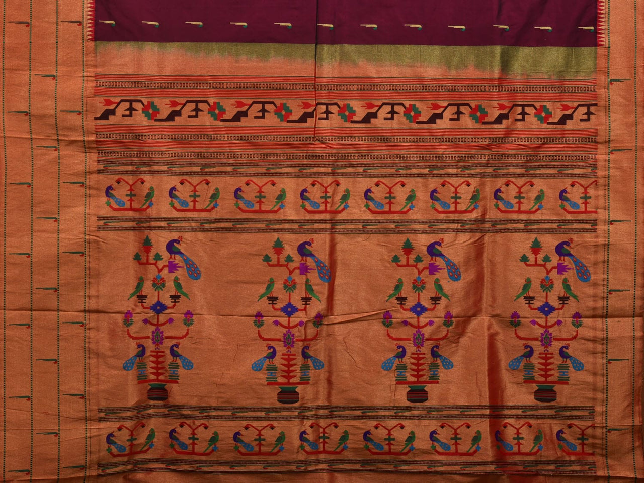 Wine Paithani Silk Saree with Zari Weaving, Meenakari Pallu & Double Munia Border main image 0
