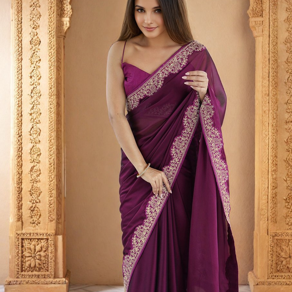 Lorenvalley Fashion Wine Rangoli Silk with Coding Lace Work Saree with Blouse - Distacart
