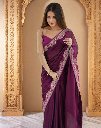 Lorenvalley Fashion Wine Rangoli Silk with Coding Lace Work Saree with Blouse - Distacart