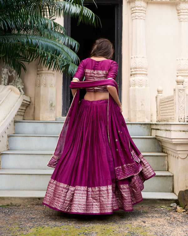 Evanik Women Pure Chanderi Plain With Zari Weaving Work Border Stitched Lehenga With Unstitched Blouse Dupatta(Up to 42)