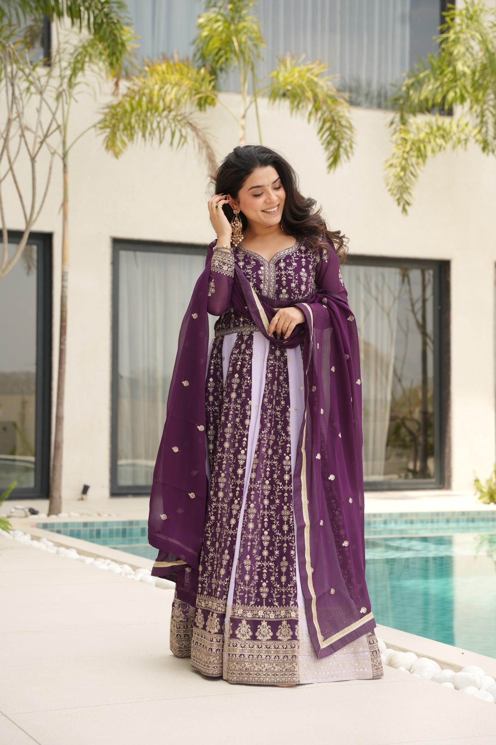 Evanik Wine Faux Georgette With Zari & Sequins Embroidered work Wedding Gown