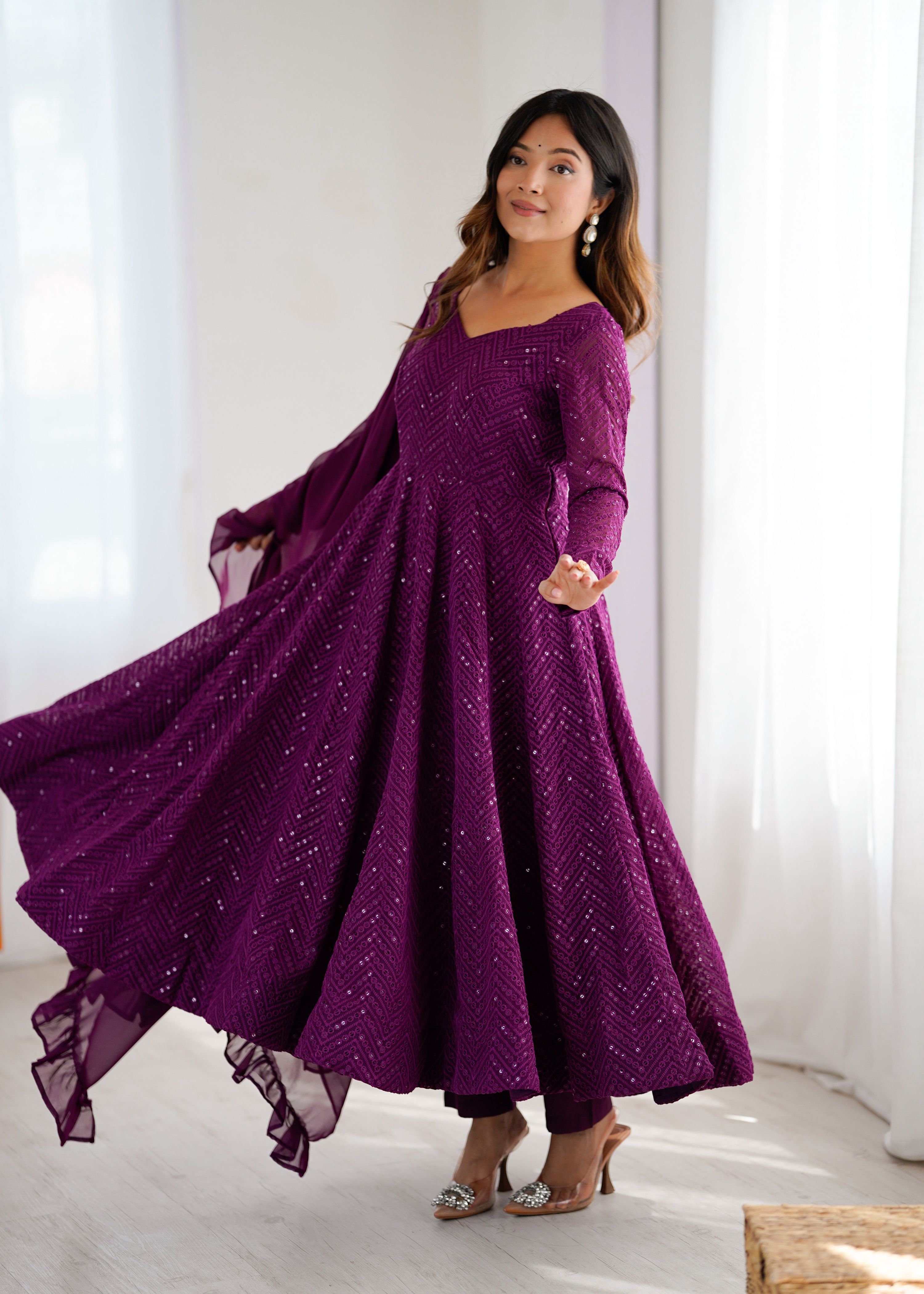 Evanik Wine Heavy Faux Georgette With Lucknowi Work Anarkali Suit