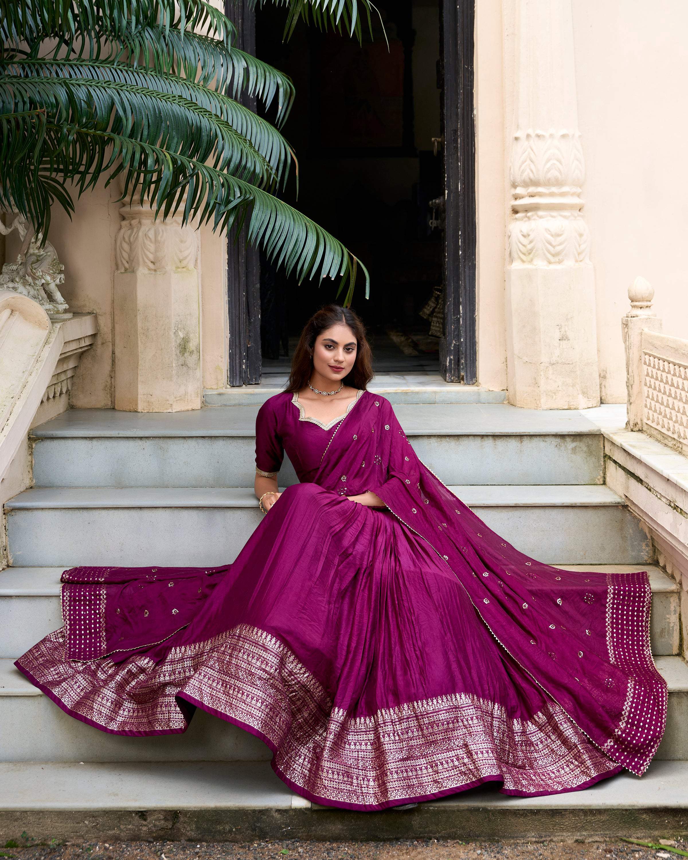 Evanik Women Pure Chanderi Plain With Zari Weaving Work Border Stitched Lehenga With Unstitched Blouse Dupatta(Up to 42)