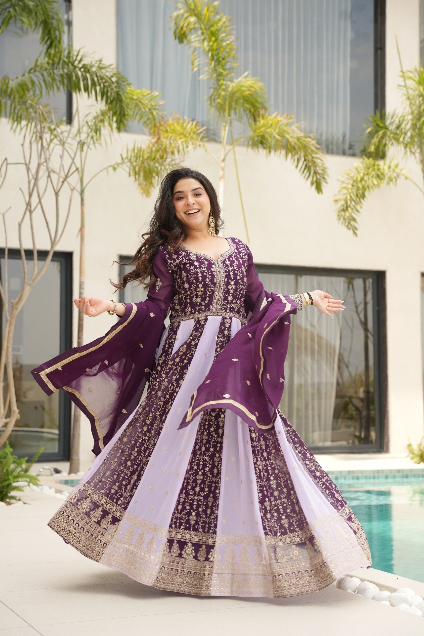 Evanik Wine Faux Georgette With Zari & Sequins Embroidered work Wedding Gown