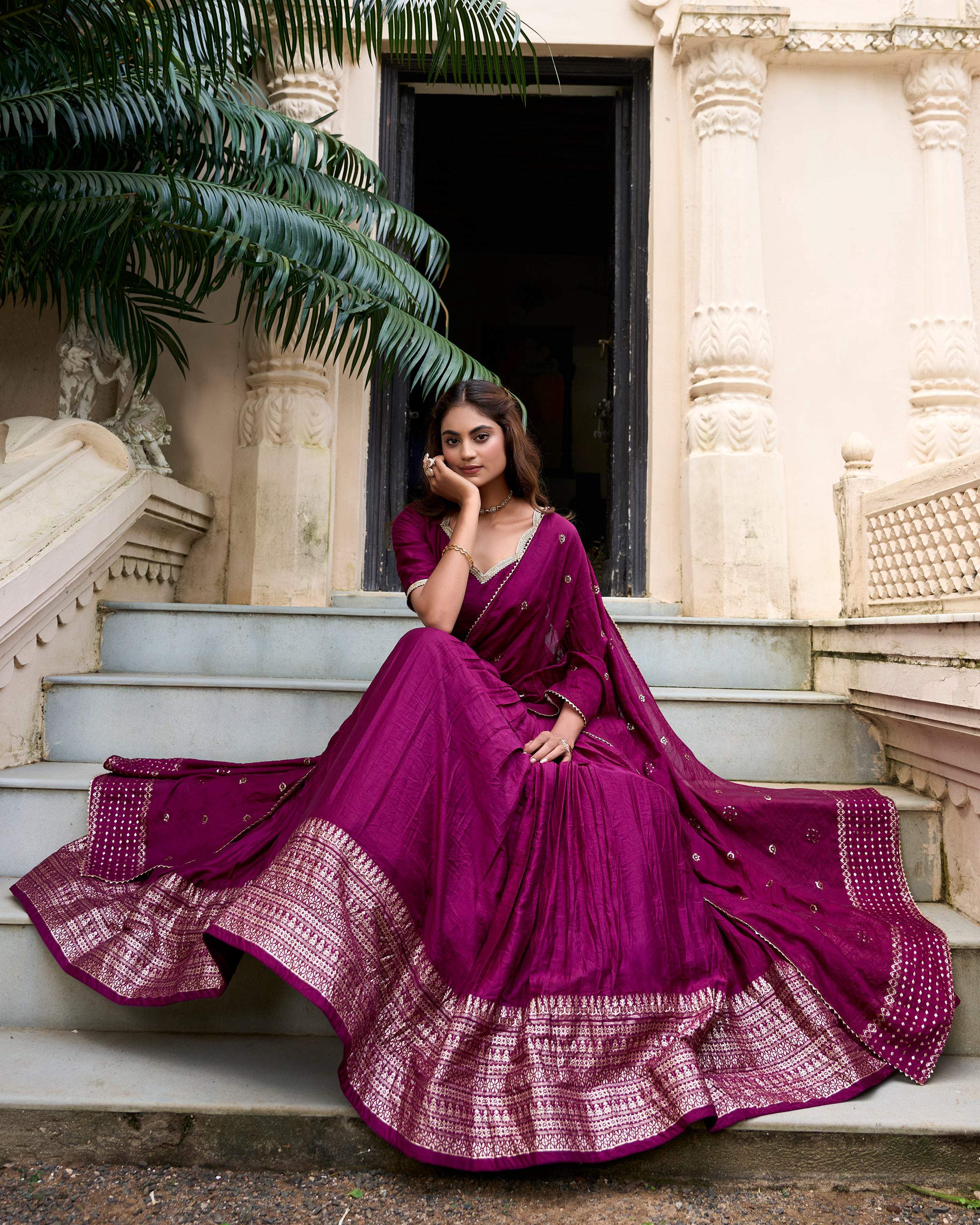 Evanik Women Pure Chanderi Plain With Zari Weaving Work Border Stitched Lehenga With Unstitched Blouse Dupatta(Up to 42)