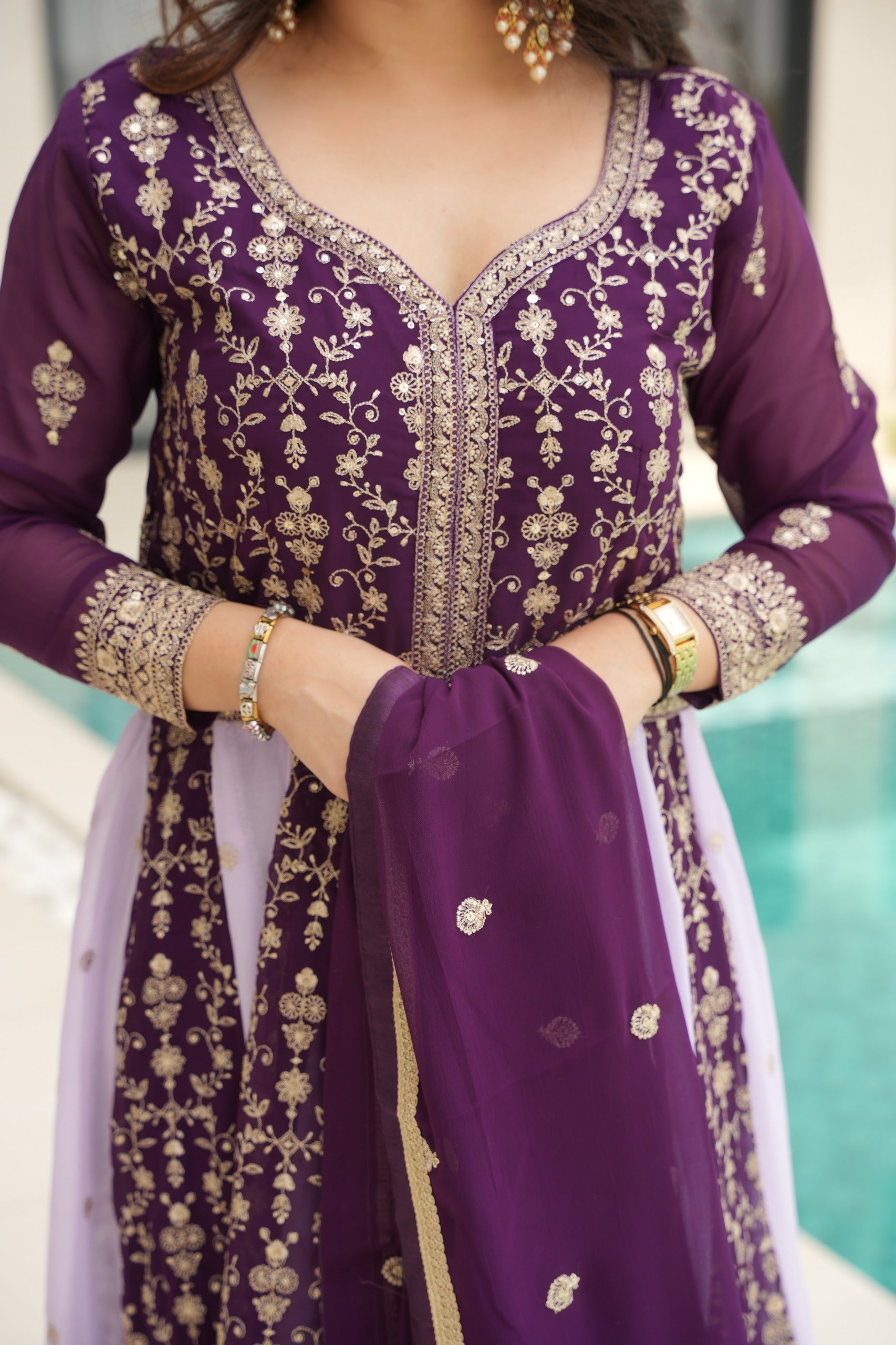 Evanik Wine Faux Georgette With Zari & Sequins Embroidered work Wedding Gown
