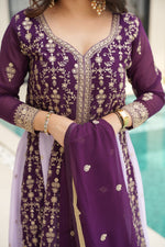 Thumbnail for Evanik Wine Faux Georgette With Zari & Sequins Embroidered work Wedding Gown