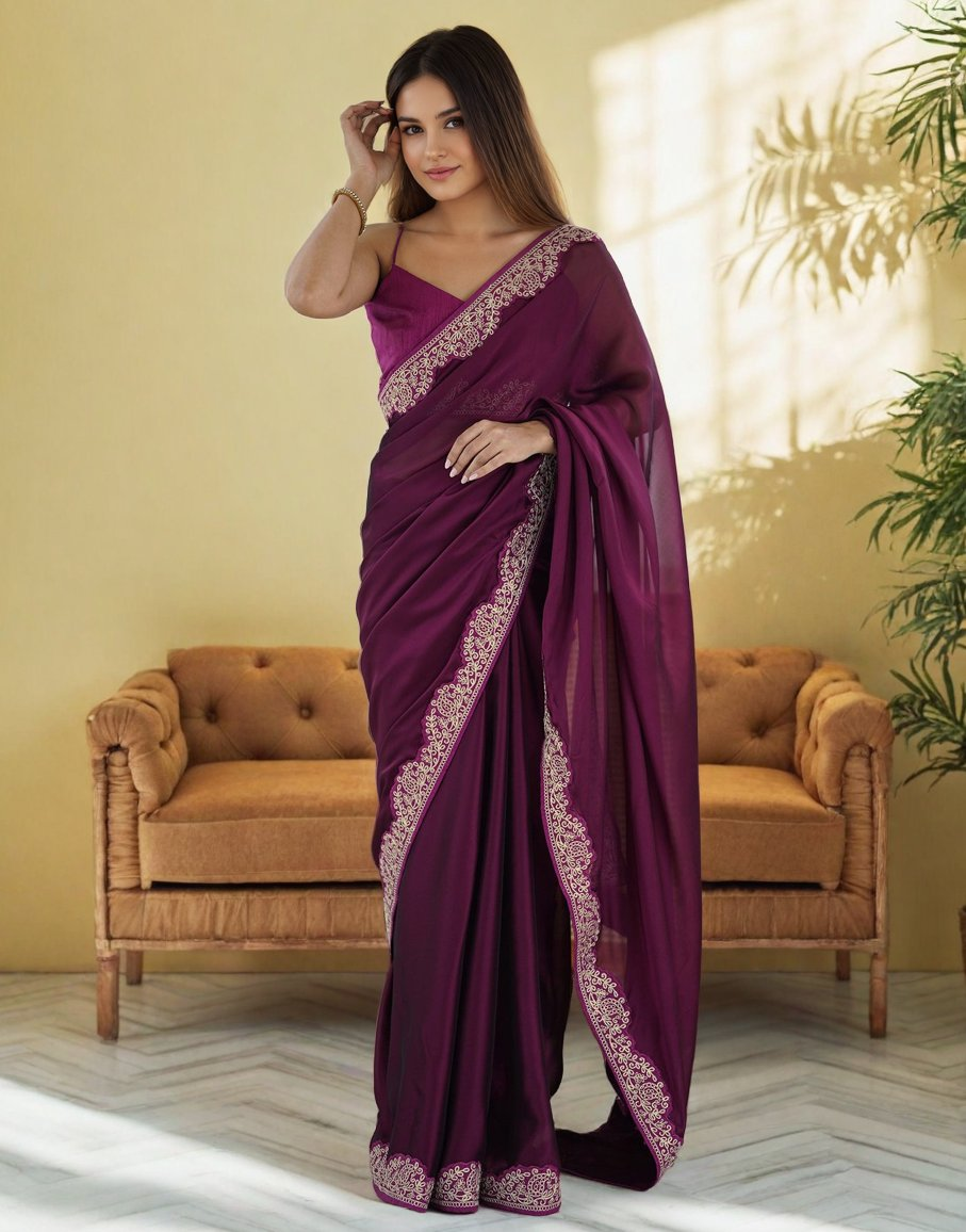 Lorenvalley Fashion Wine Rangoli Silk with Coding Lace Work Saree with Blouse