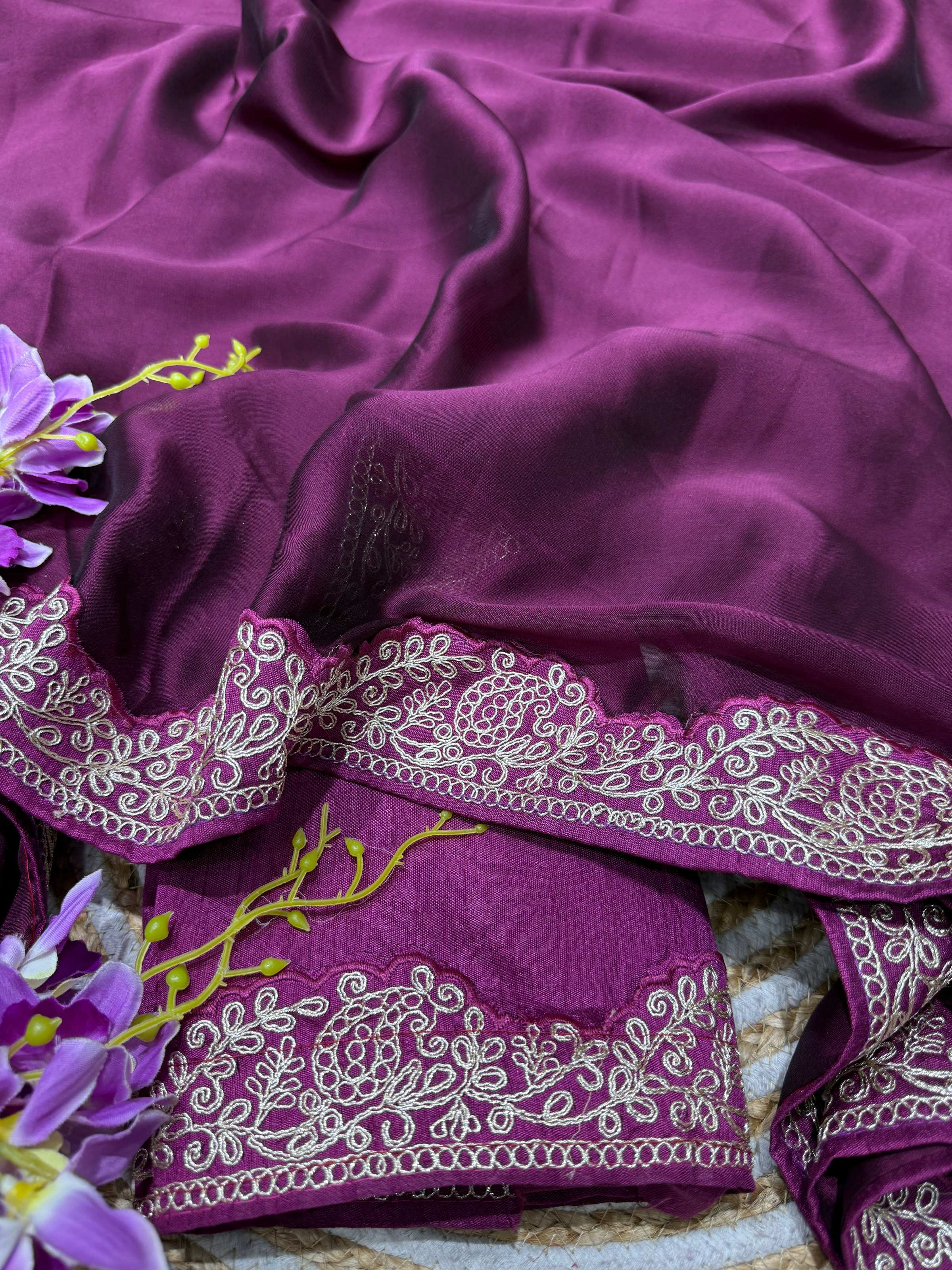 Lorenvalley Fashion Wine Rangoli Silk with Coding Lace Work Saree with Blouse