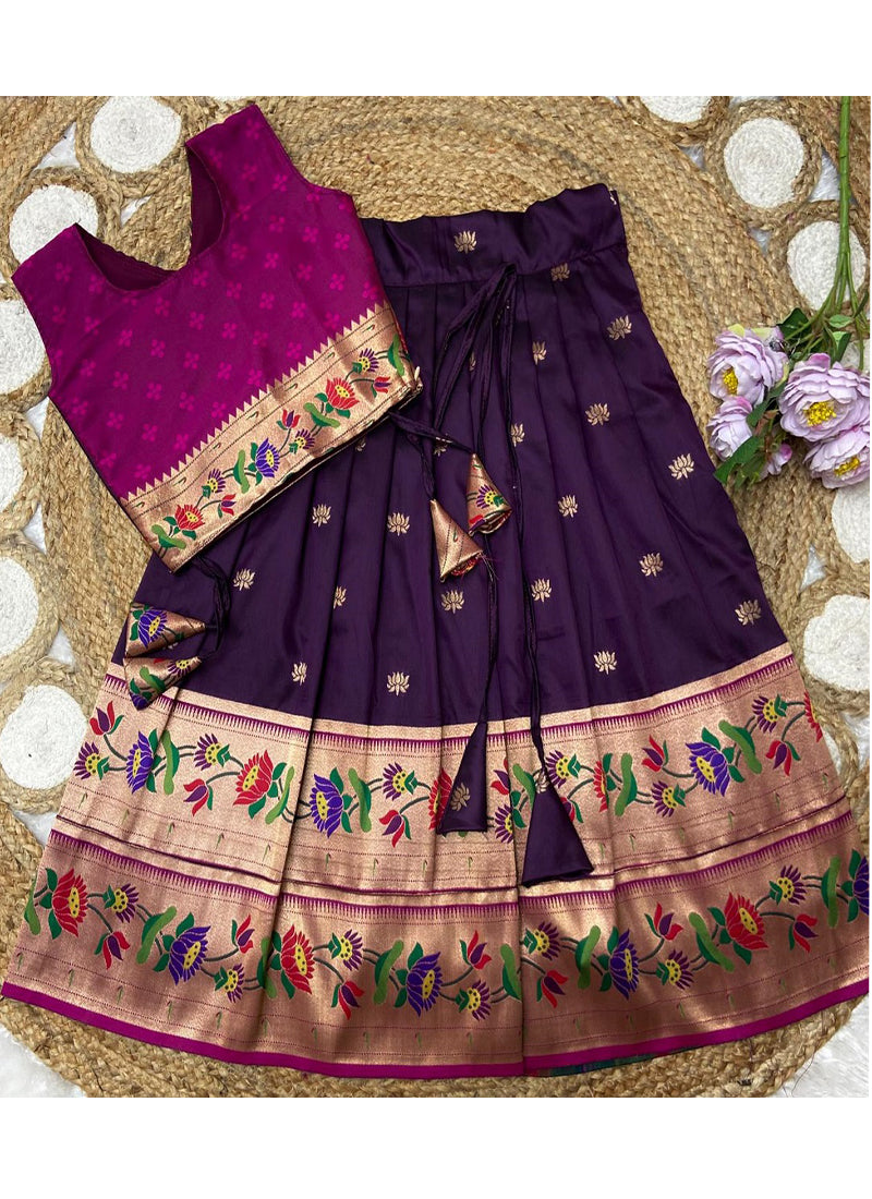 Evanik Purple Kids Paithani Silk Lotus Pattern Lehenga Choli - Dista
