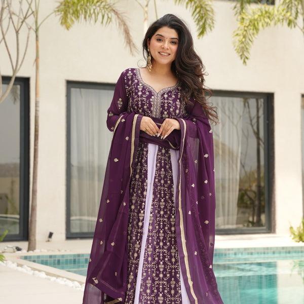 Evanik Wine Faux Georgette With Zari & Sequins Embroidered work Wedding Gown