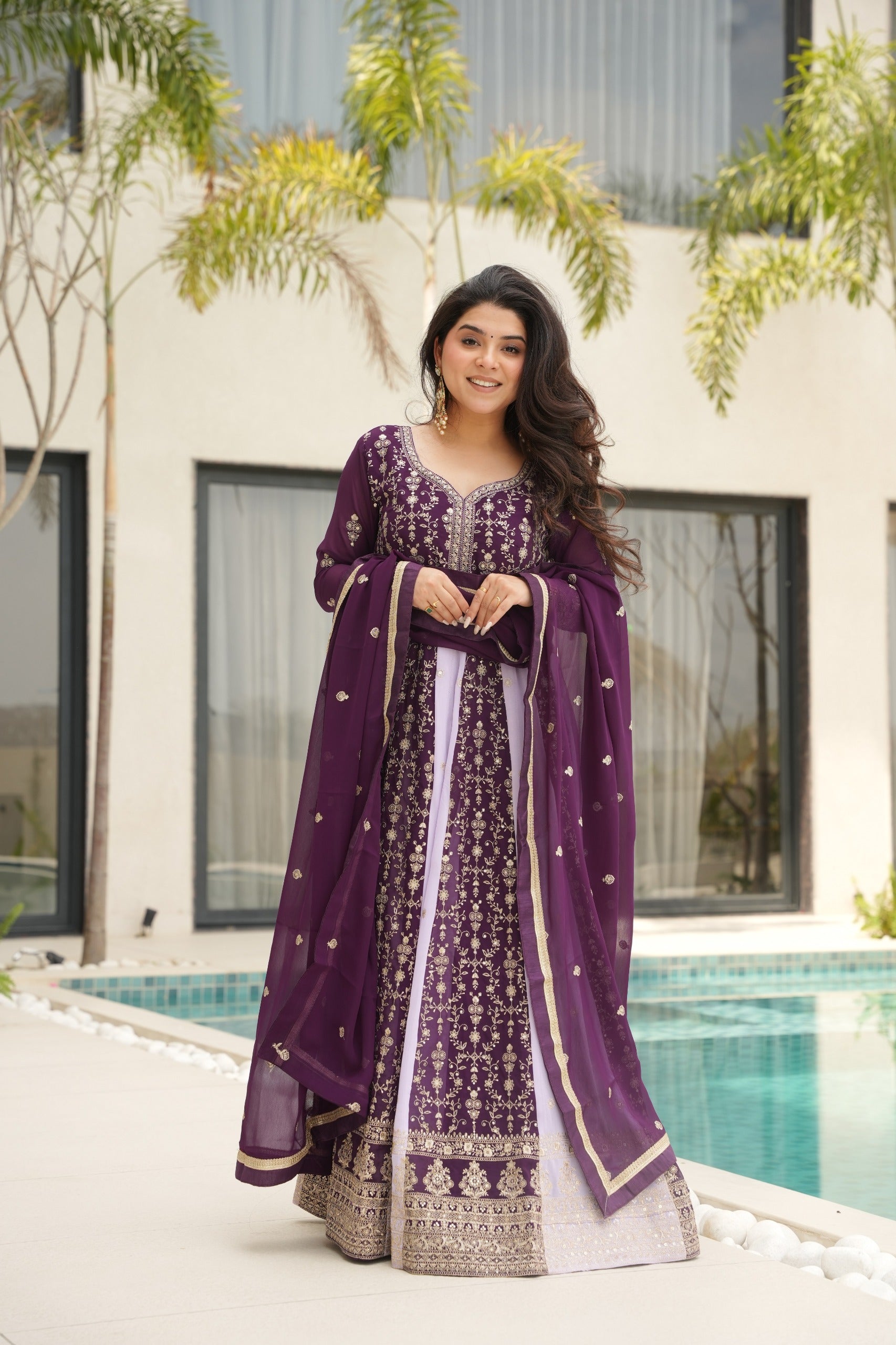 Evanik Wine Faux Georgette With Zari & Sequins Embroidered work Wedding Gown - Distacart