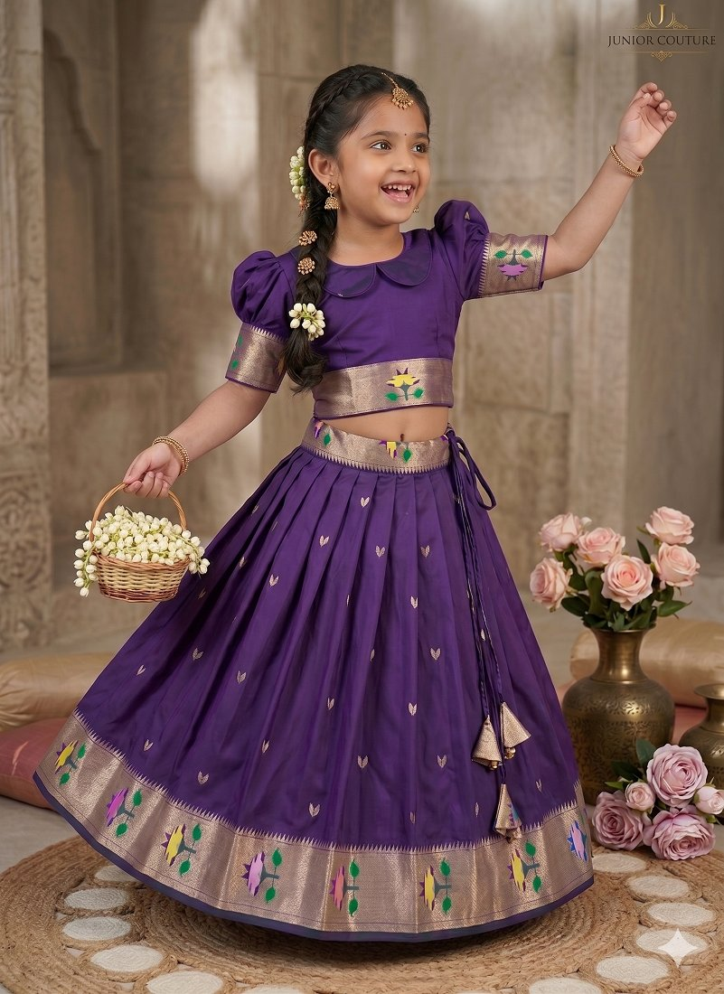 Evanik Purple Soft Silk Paithani Design Zari Weaving Pavadai Lehenga Choli For Kids - Dista