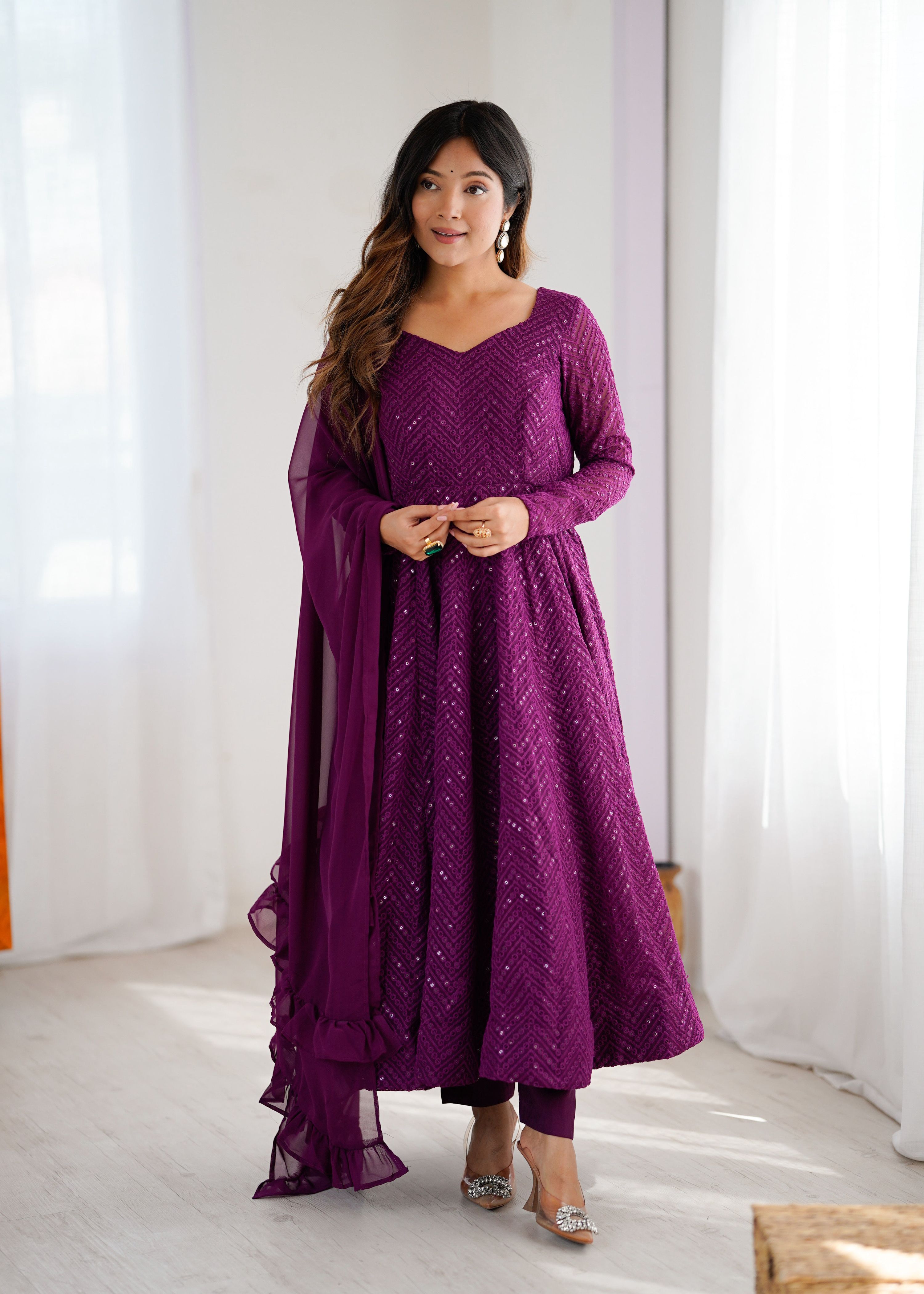 Evanik Wine Heavy Faux Georgette With Lucknowi Work Anarkali Suit