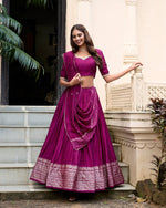 Thumbnail for Evanik Women Pure Chanderi Plain With Zari Weaving Work Border Stitched Lehenga With Unstitched Blouse Dupatta(Up to 42)