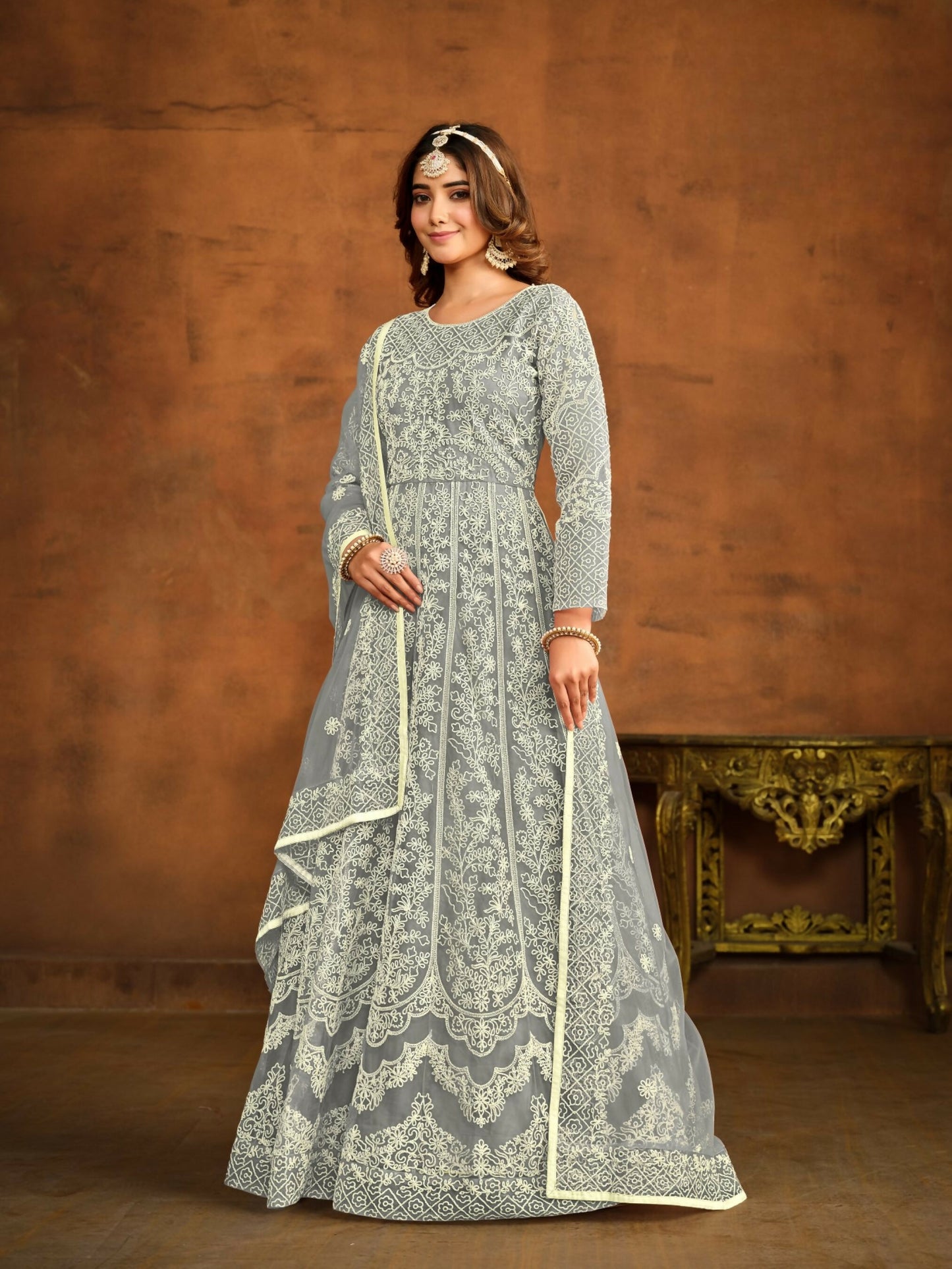 Anaita Grey Embroidered Net Anarkali Suit - Distacart
