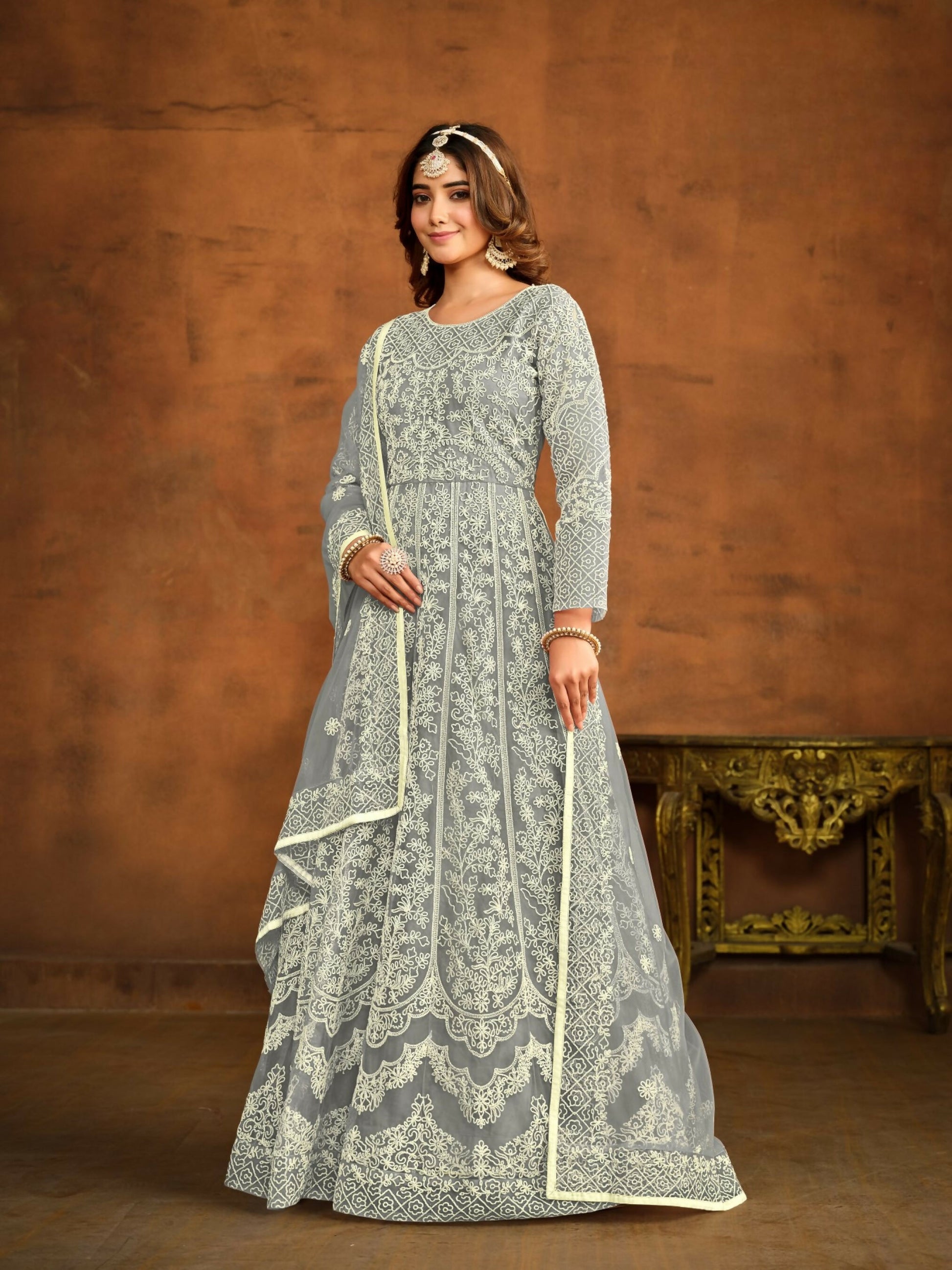 Anaita Grey Embroidered Net Anarkali Suit - Distacart