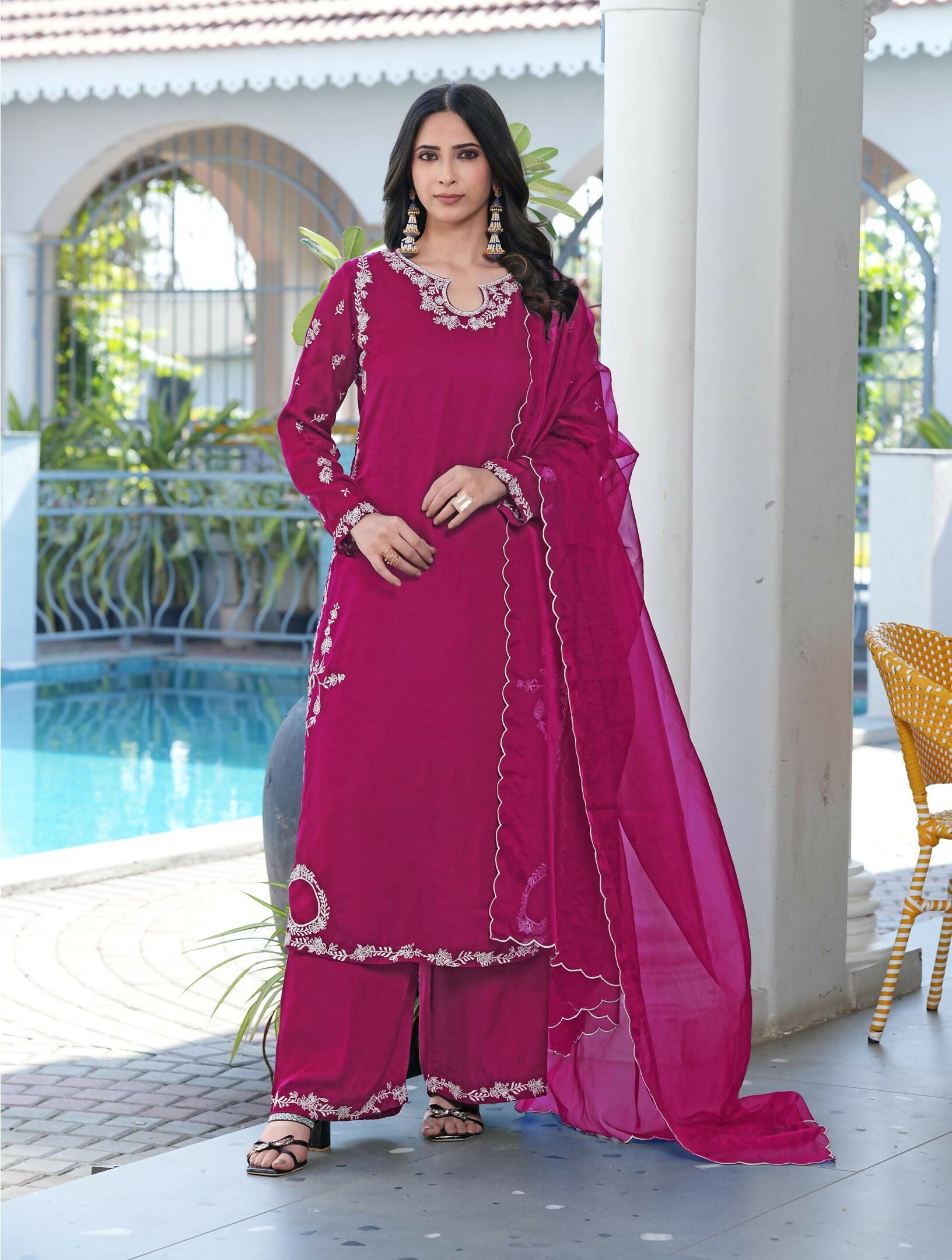 Nikhaar Magenta Embroidered Modal Silk Stitched Straight Cut Kurta Culottes Dupatta Readymade Suit - Dista