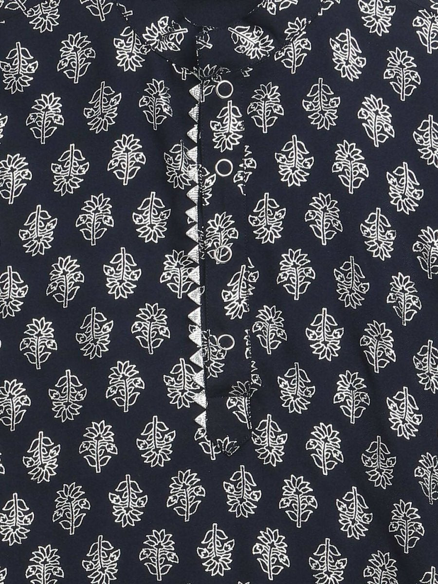 Ahalyaa Navy Blue Poly Rayon Silver Foil Print Kids Kurta Churidar Set For Boys - Distacart