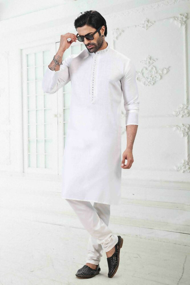 Raivat Ethnic Linen Cotton Thread Work Kurta Pajama In Off White Colour - Dista