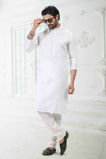 Thumbnail for Raivat Ethnic Linen Cotton Thread Work Kurta Pajama In Off White Colour - Dista